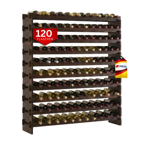 Großes Weinregal aus dunklem Holz für 120 Flaschen, Proregal Logo