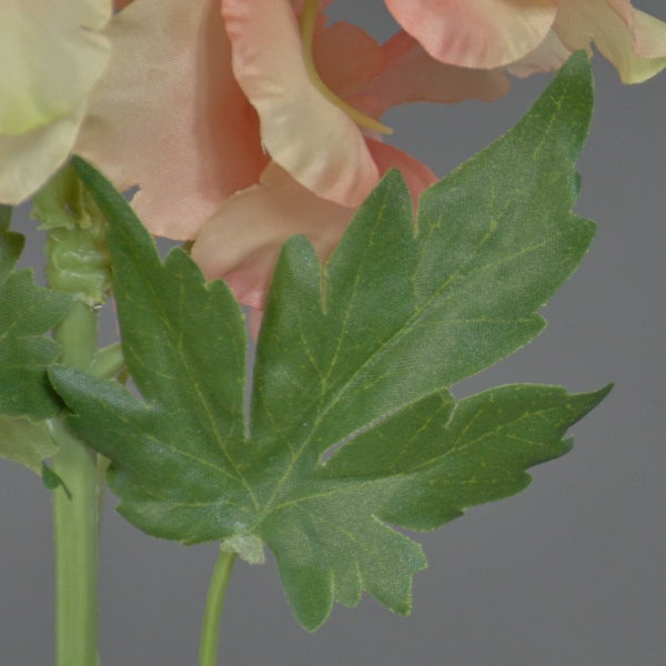 Künstlicher Rittersporn mit zartrosa Blüten und vielen geschlossenen Knospen am grünen Stiel.