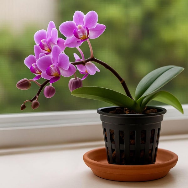 Phalaenopsis Orchidee mit lila Blüten in schwarzem Kunststofftopf auf einem Terrakotta-Untersetzer auf einem hellen Fensterbrett.