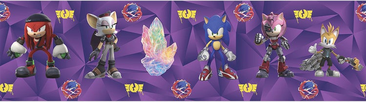 Tapetenbordüre mit Sonic Prime Charakteren in einem hellen Kinderzimmer mit Tisch und bunten Stühlen.