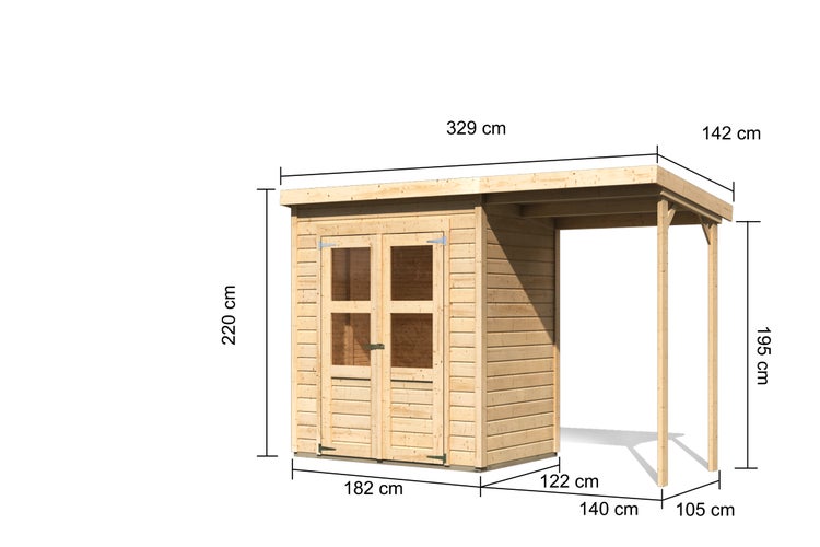 Gartenhaus aus Holz mit Doppeltür, Fenster und Anbaudach. Maße: Breite 329 Zentimeter, Höhe 220 Zentimeter, Tiefe 142 Zentimeter.