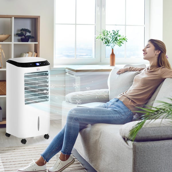 HOMCOM 4 in 1 Mobiler Luftkühler mit Luftbefeuchtung, Luftkühler, 8h Timer, 10L, Nutzungsraum 20㎡, 60W, 38,2 x 31,6 x 76 cm, ABS, Weiß+Schwarz