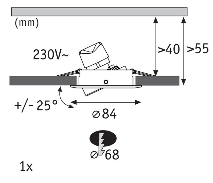 Maßzeichnung für Einbaustrahler, 230 Volt Spannung, Durchmesser 84 Millimeter, Lochausschnitt 68 Millimeter, schwenkbar plus minus 25 Grad.