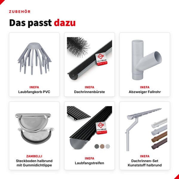 Übersicht von Zubehör für Dachrinnen wie Laubfangkorb, Dachrinnenbürste, Fallrohrabzweiger, Steckboden, Laubfangstreifen und Dachrinnen-Set.