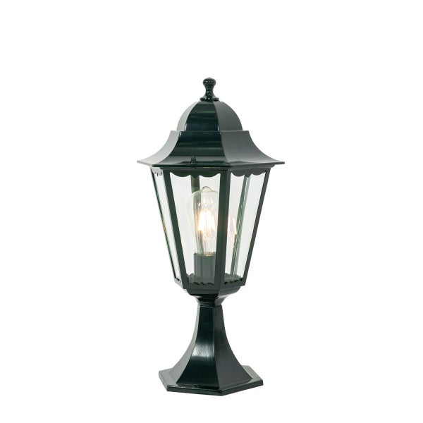 Klassische schwarze Sockelleuchte im Laternen-Stil mit klaren Glasscheiben für den Außenbereich.