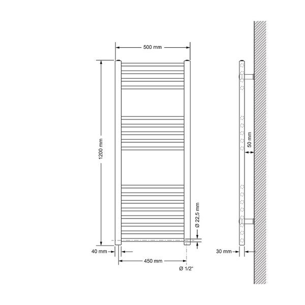 ECD Germany Badheizkörper Elektrisch 500 x 1200 mm mit Heizstab 900W Große Leistung - Weiß - gerade mit Seitenanschluss - Heizkörper Handtuchwärmer Handtuchtrockner Handtuchheizkörper Handtuchheizung