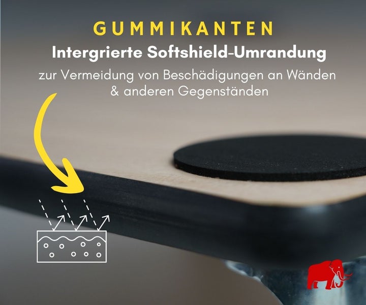 Detailansicht eines Transportrollers aus Holz mit Gummikante und Antirutschpad zum Schutz von Wänden und Gegenständen. Wagner Logo.