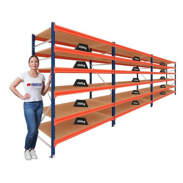 Schwerlastregal aus Metall, 200 Zentimeter hoch, 211 Zentimeter breit, 80 Zentimeter tief, Tragkraft 350 Kilogramm pro Boden.
