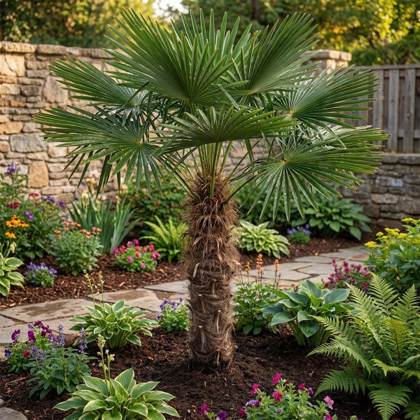 Chinesische Hanfpalme in einem hellen, organisierten Garten mit Steinmauer, verschiedenen Blumen und Farnen.