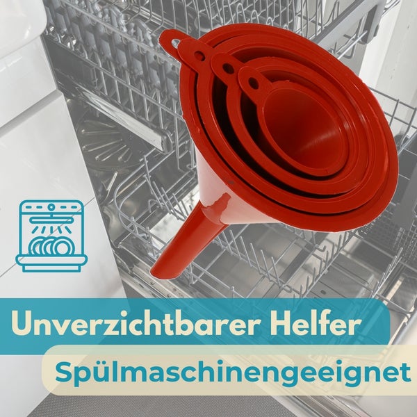 Vier rote Trichter unterschiedlicher Größe im Geschirrspüler