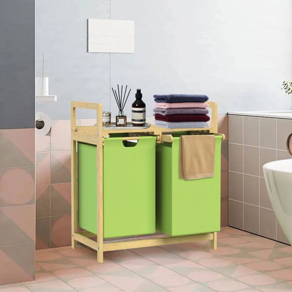 ML-Design Wäschekorb aus Bambus, Grün, Wäschebox mit 2 Fächern, Wäschesammler mit 2 ausziehbaren Wäschesäcken 60 L, Wäschetruhe mit Ablage, Wäschesortierer für Badezimmer, Wäschetonne mit Regal