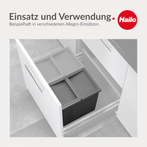 Hailo Logo. Abfalltrennsystem in einer weißen Küchenschublade mit zwei grauen Mülleimern.