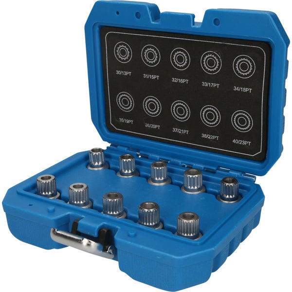 Einen blauen Werkzeugkasten mit Innenvielzahn-Einsätzen