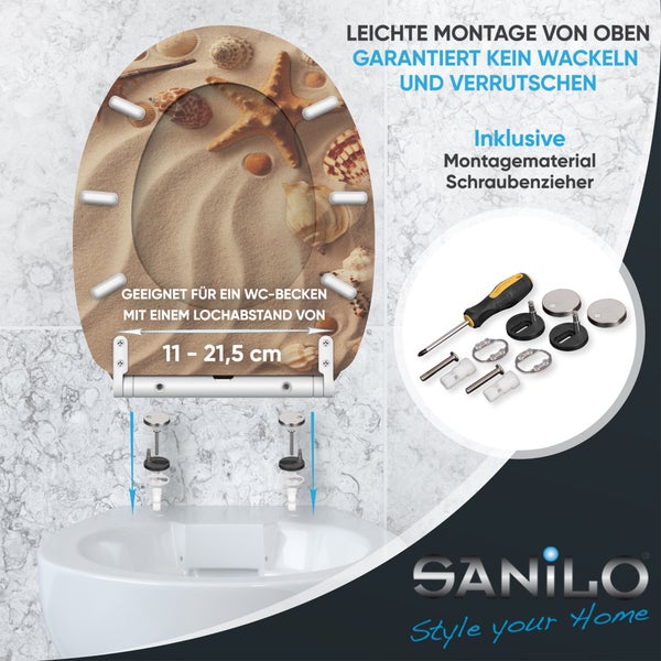 WC-Sitz mit Strand-Motiv aus Sand, Seestern und Muscheln, inklusive Montagematerial und Schraubendreher, für Lochabstände von 11 bis 21,5 Zentimeter.