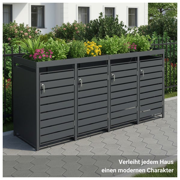 Mülltonnenbox für 4 Tonnen aus Metall mit Pflanzdach, bepflanzt auf Pflastersteinen im Garten vor einem Haus.
