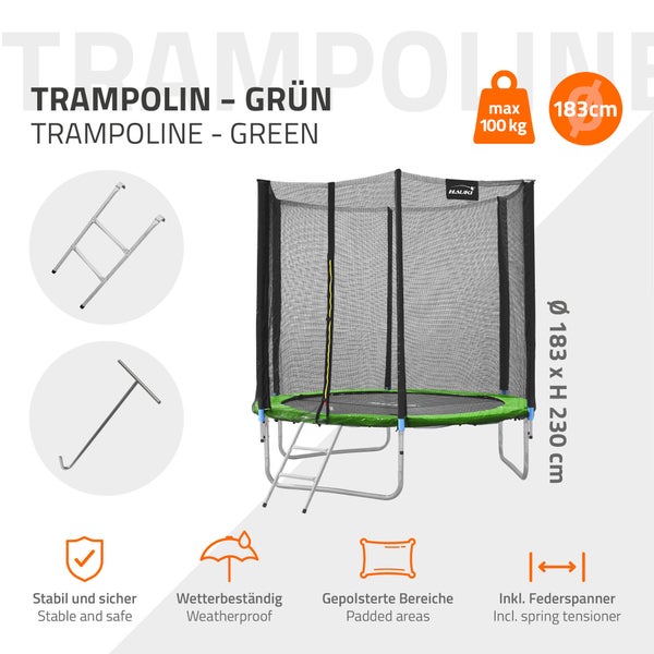 Hauki Trampolin Outdoor, Ø183 cm, Grün, GS geprüft, Rundes Gartentrampolin für Kinder bis 100 kg, Komplettset mit Sicherheitsnetz, Leiter, Randabdeckung, Gepolsterte Stangen, Stabile Kindertrampolin
