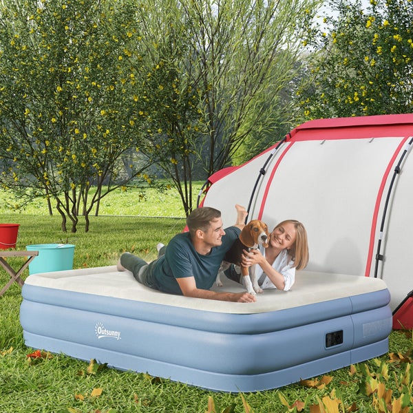 Outsunny Luftmatratze Luftbett für 2 Personen, Campingbett mit integriertem Kopfkissen, eingebauter Elektropumpe, Hellblau, 203 x 152 x 46 cm