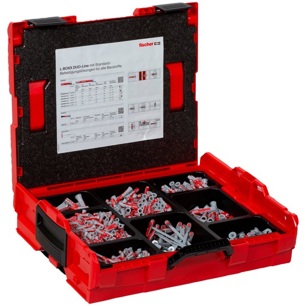 Geöffnete Fischer L-BOXX DUO-Line mit verschiedenen Dübeln in Sortierfächern.