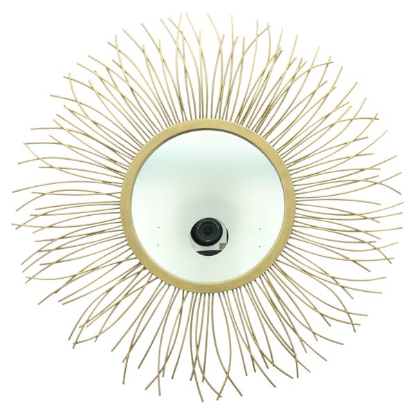 Runder Wandspiegel mit goldenem Rahmen im Sonnendesign aus dünnen Metallstäben.