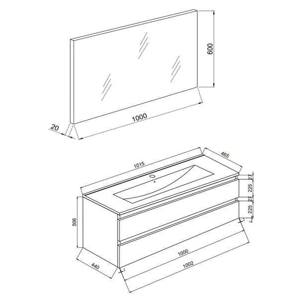 Technische Zeichnung eines Waschtischs mit Spiegel und Maßen.