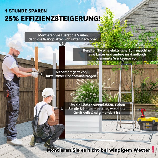 Outsunny Gerätehaus Metall im Holzoptik 3 m² 152 x 235,7 x 208,7 cm Geräteschuppen mit Satteldach Fenster Doppel Schiebetüren wetterfest Gartenhaus Outdoor Garten Schuppen für Hinterhof Braun