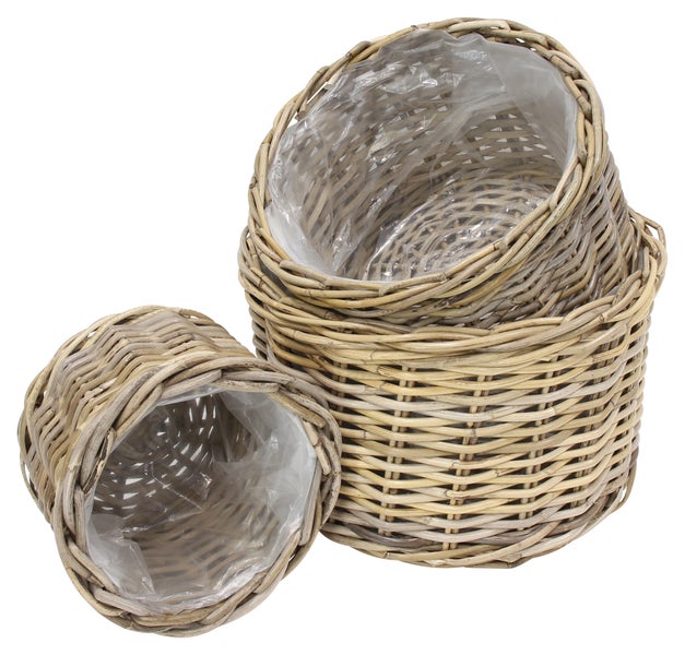 FRANK FLECHTWAREN | Pflanzkorb Rattan, 3er Set, Ø 26 x 17 cm, Ø 32 x 19 cm, Ø 40 x 23 cm, RATTAN, FOLIE