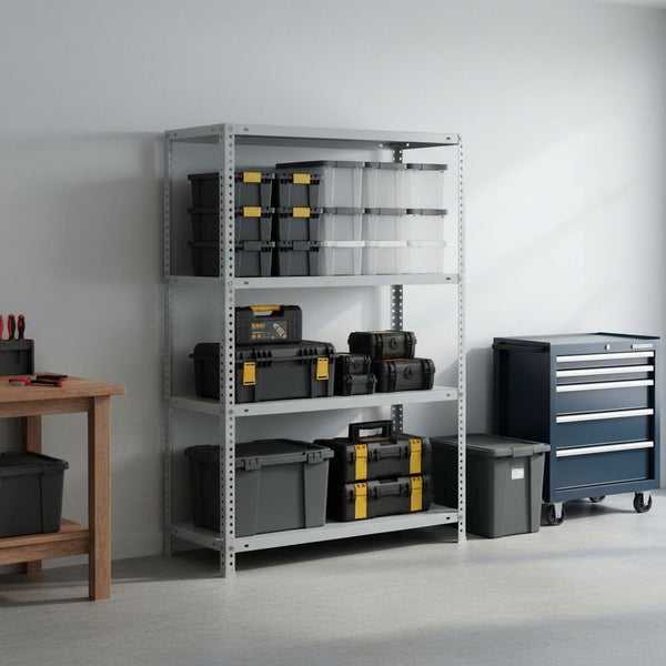 Metallregal in einer organisierten Werkstatt mit verschiedenen Werkzeugkoffern, Aufbewahrungsboxen, einem Rollwagen und einer Werkbank aus Holz.