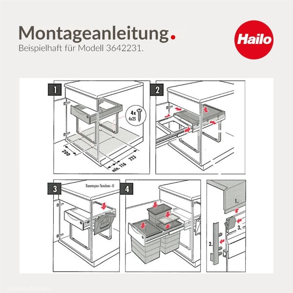 Hailo Logo. Montageanleitung für Einbaumülleimer Modell 3642231 mit vier bebilderten Schritten zur Installation im Küchenschrank.