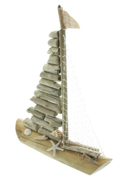 FRANK FLECHTWAREN | Dekoboot Sailor, HOLZ, MUSCHELN, JUTE, METALL, 33,5 x 6,5 x 39,5 cm
