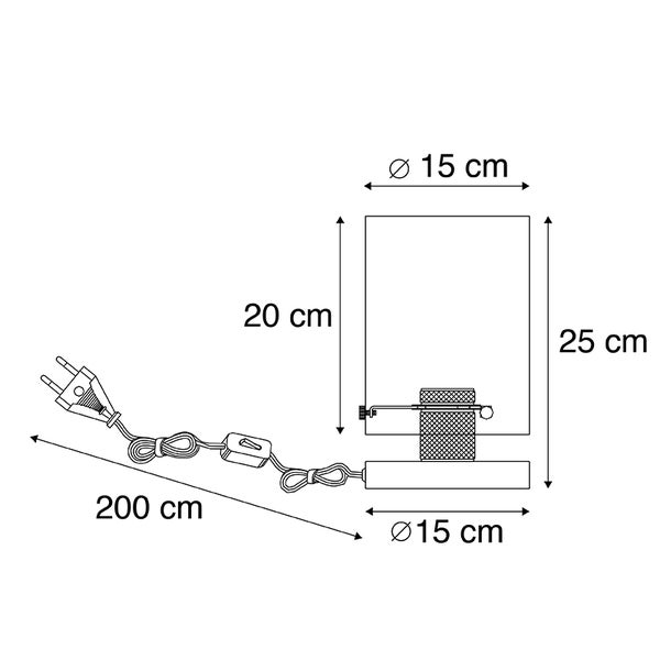 Technische Zeichnung einer Lampe mit den Maßangaben Höhe 25 Zentimeter, Breite 20 Zentimeter und Durchmesser 15 Zentimeter