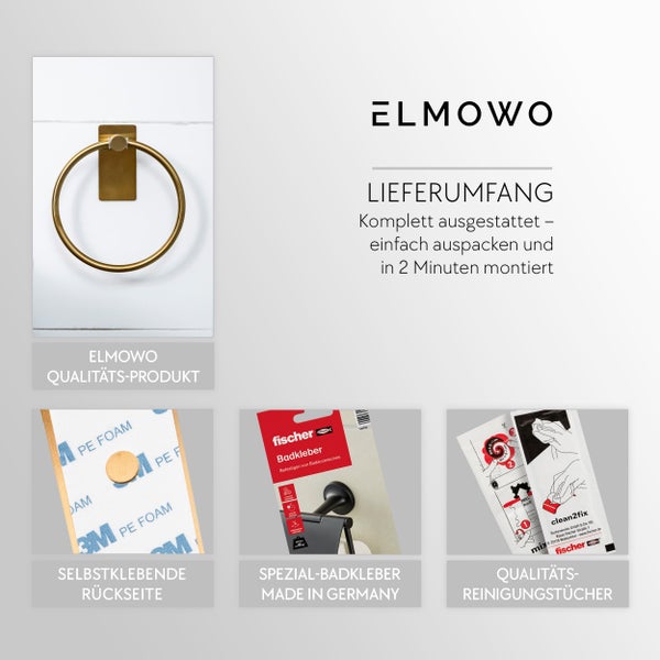 ELMOWO Handtuchring Set mit Fischer Badkleber und Reinigungstüchern zur einfachen Montage ohne Bohren an der Wand.