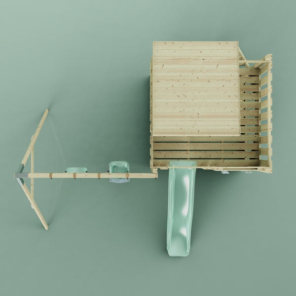 Mehrere säulenförmige Mittelmeer-Zypressen in Terrakotta-Töpfen auf einem Metallwagen vor einem Gewächshaus.