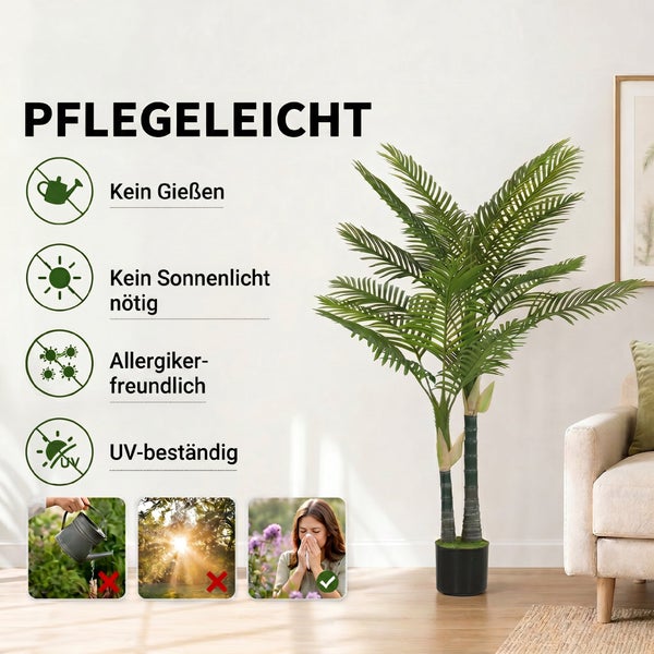 Künstliche Palme im Topf. Merkmale: pflegeleicht, kein Gießen, kein Sonnenlicht nötig, allergikerfreundlich und UV-beständig.