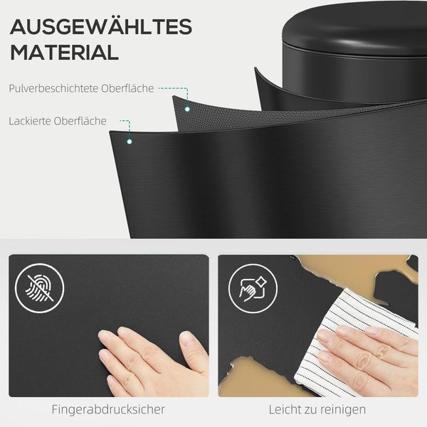 Infografik zu Materialeigenschaften: pulverbeschichtete und lackierte Oberfläche, fingerabdruckresistent und leicht zu reinigen.