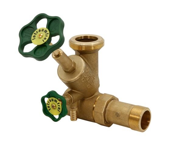 Freistromventil aus Messing, totraumfrei, mit Entleerung und zwei Handrädern.