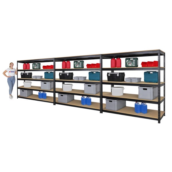 PROREGAL Mega Deal 3x Profi Schwerlastregal Bison HxBxT 200 x 200 x 60 cm 5 Fachböden Fachlast 600 kg Schwarz