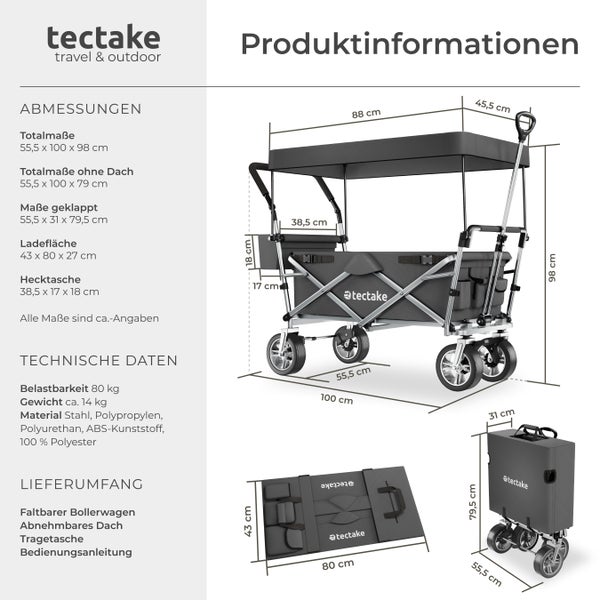 Bollerwagen tectake Nico inklusive Tragetasche, Belastbarkeit 80 kg faltbar, mit Dach grau