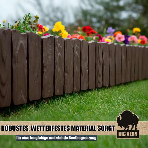 Beetbegrenzung aus Kunststoff mit Blumen und Big Dean Logo
