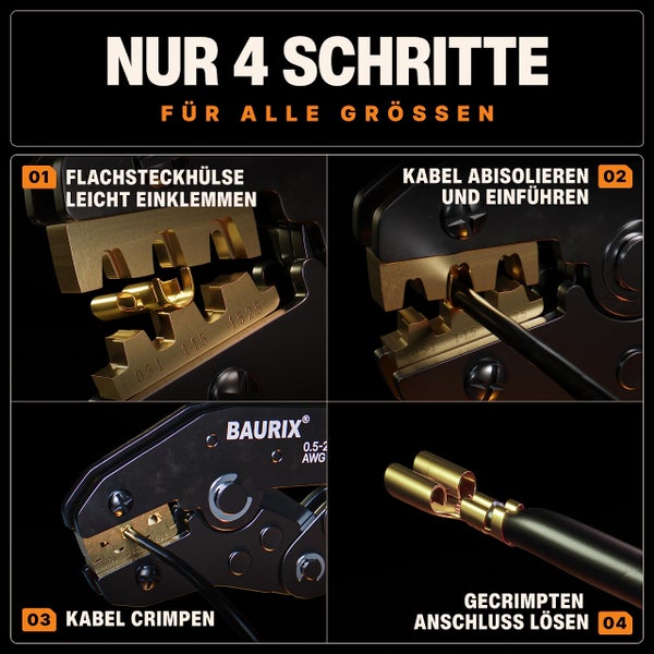 BAURIX® Flachsteckhülsen Set 300 Stück I 2,8 mm 4,8 mm 6,3 mm I Steckverbinder Sortiment I Flachstecker Männlich & Weiblich I Isolierte Kabelstecker