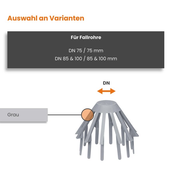 Graues Laubsieb für Fallrohre, geeignet für Durchmesser 75 bis 100 Millimeter, aus Kunststoff.