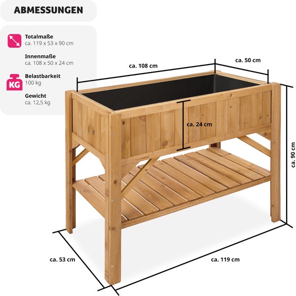 Hochbeet tectake  119 x 57 x 90 cm aus Holz, mit Ablage braun