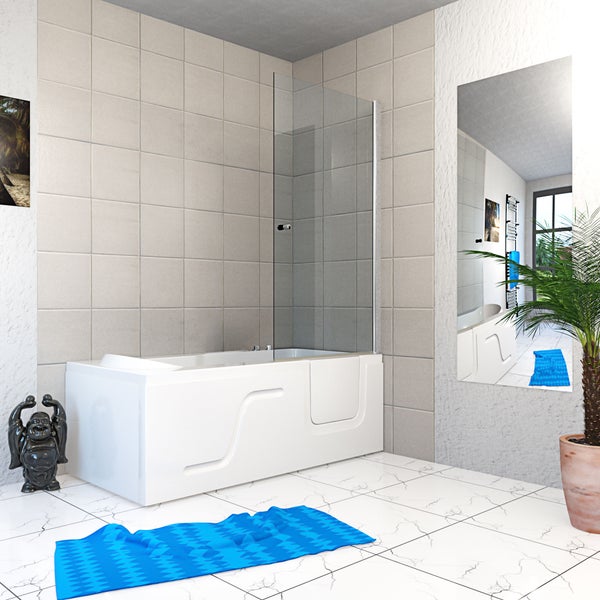 Barrierefreie Badewanne mit integrierter Tür und Glas-Duschabtrennung in einem modernen, hell gefliesten Badezimmer.