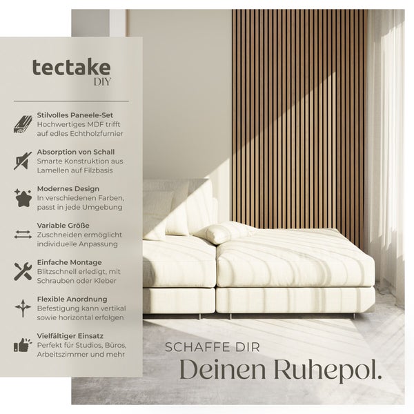 tectake DIY Logo. Wandpaneele aus MDF mit Echtholzfurnier in hellem Wohnzimmer. Schallabsorbierend, für vertikale oder horizontale Montage.