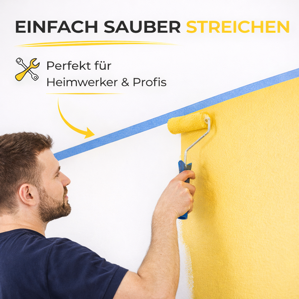 Ein Heimwerker streicht eine Wand mit einer Farbrolle und nutzt Malerkrepp für saubere Kanten, geeignet für Heimwerker und Profis.