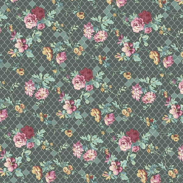 Tapete mit floralem Rosenmuster auf geometrischem Gitter