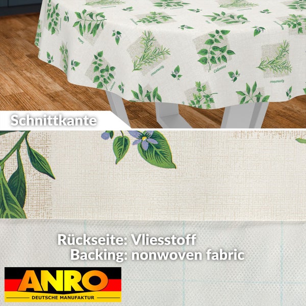 Abwaschbare Tischdecke mit Kräutermotiv, Schnittkante, Rückseite aus Vliesstoff, ANRO Deutsche Manufaktur Logo.