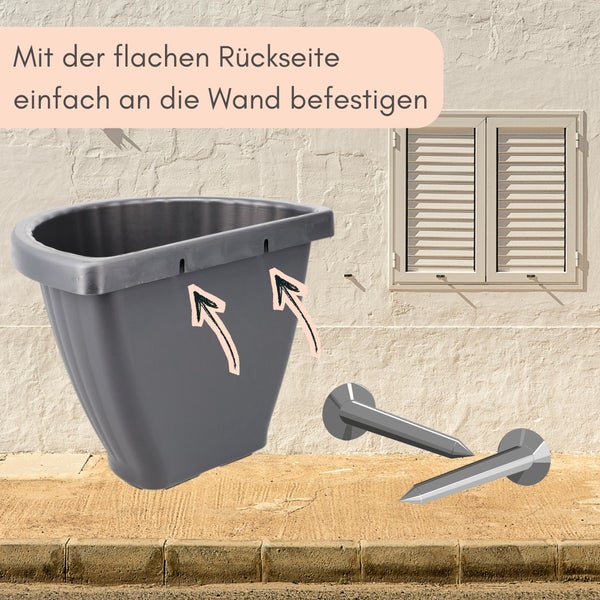 Grauer Wandblumentopf mit flacher Rückseite und Befestigungsmaterial für die Wandmontage.