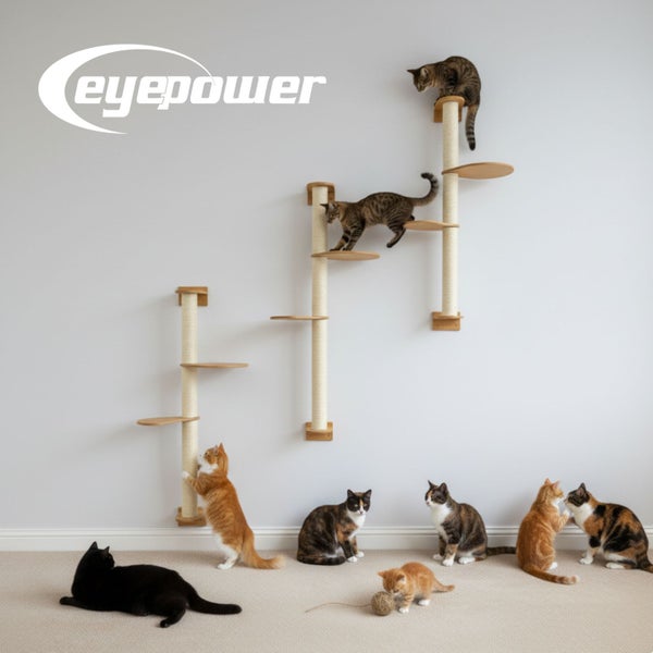Eyepower Logo und Wandkratzbaum mit Sisalstämmen und Liegeflächen für Katzen
