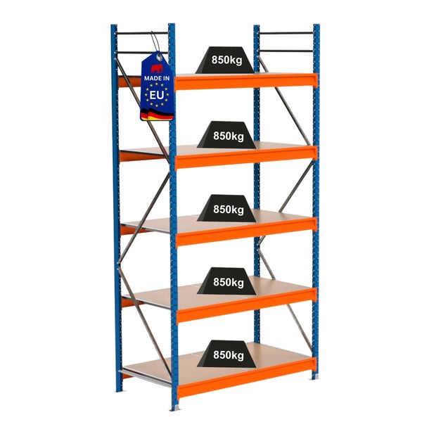 Regal mit fünf Ebenen und Hinweisschild Made in EU