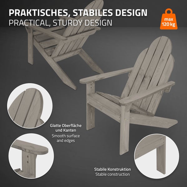 ECD Germany Adirondack-Stuhl 2er Set aus Tannenholz Massiv, 92,5x70x89 cm, Grau, Gartenstuhl mit Rückenlehne und Armlehnen, Ergonomischer Holzstuhl, Gartensessel, Relaxstuhl für Balkon, Garten, Strand